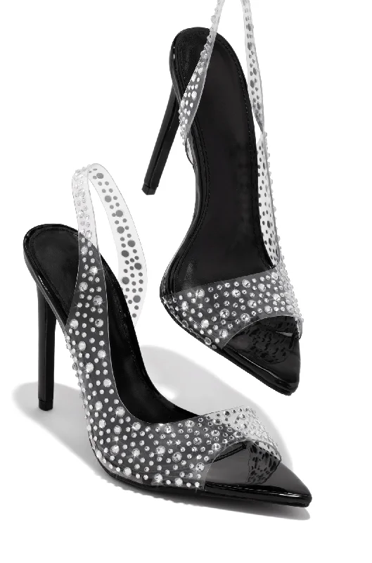 Analezi Embellished Peep Toe Heels - Black Embroidered Cowboy Boot Design  