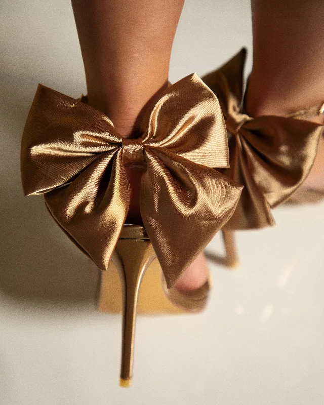 Pauline High Heels with Bow Detailing - Gold Edwardian Shoe Look  
