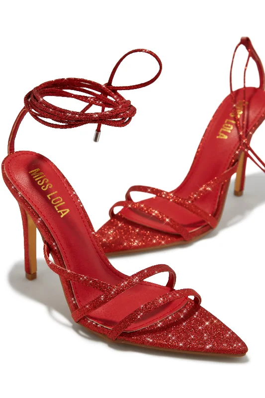 Kimana Glitter Lace Up Heels - Red Combat - Inspired Military Boot Look  