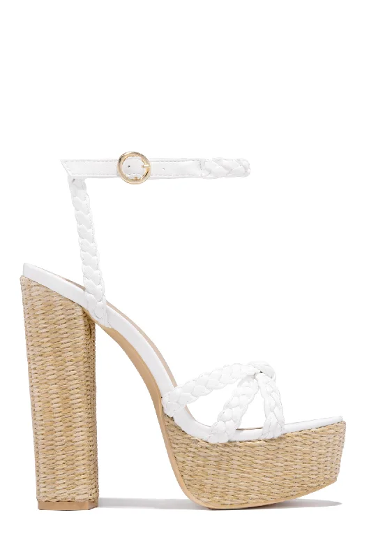 Hilda Platform Block High Heels - White Casual Loafer Style          