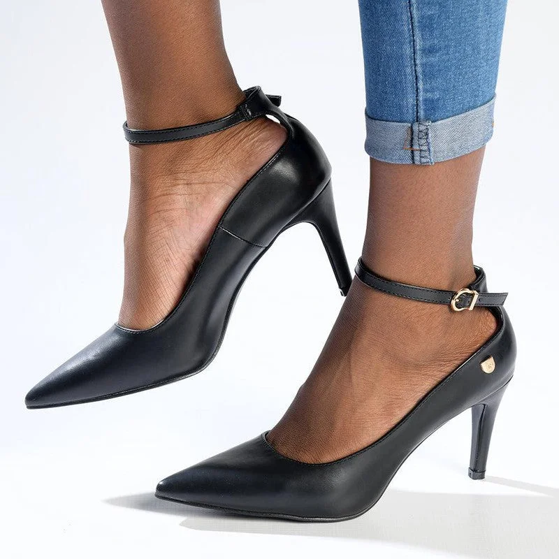 Pierre Cardin Vivian Ankle Strap Court Heels - Black Inflatable Shoe Look 
