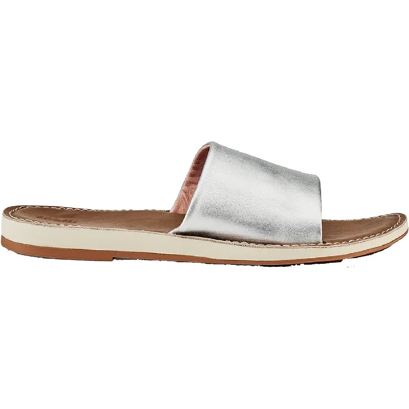 Women's OluKai Nohie Olu Silver/Tan Leather Athleisure Derby Style  