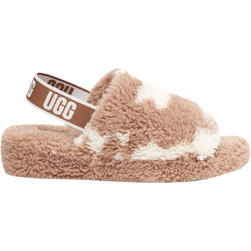 Women's UGG Fluff Yeah Slide Cowprint Mesa Sand Sheepskin Leather Driving Shoe Style  