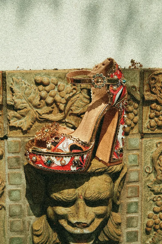 Royal Wishes Platform Block Heels - Red Distressed Leather Shoe Style  