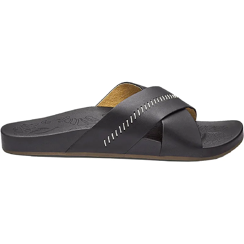 Women's OluKai Kipe'a Olu Black Leather Loose - Fit Slipper Style  
