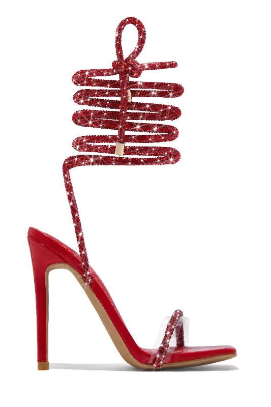 Sofia Embellished Lace Up Heels - Red Metallic Trim Shoe Design  