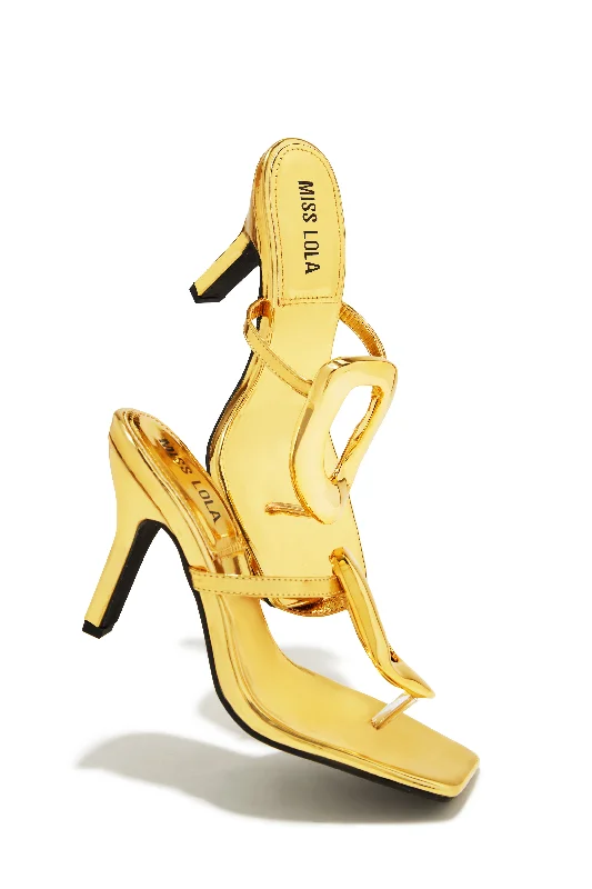 Adonna Thong Strap Mule Heels - Gold Casual Loafer Style          