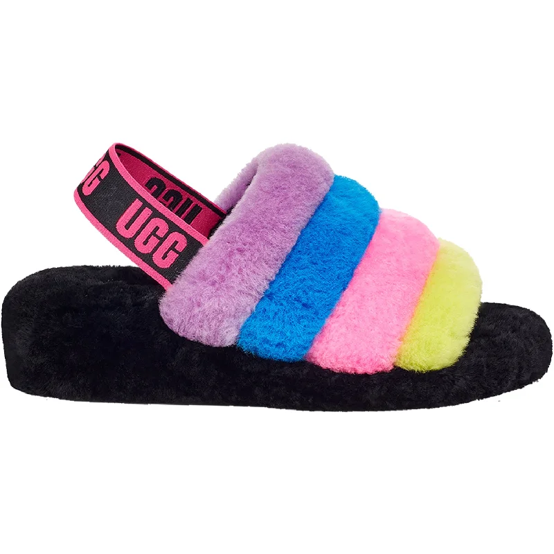 Women's UGG Fluff Yeah Slide Black/Taffy Multi Sheepskin Brogue Oxford Aesthetic 