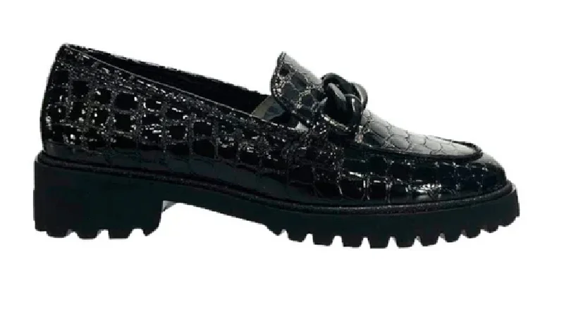 WOMEN'S ARA KIANA CHUNKY SOLE CHAIN LOAFER | BLACK CROCO PATENT Desert Boot Utility Style  