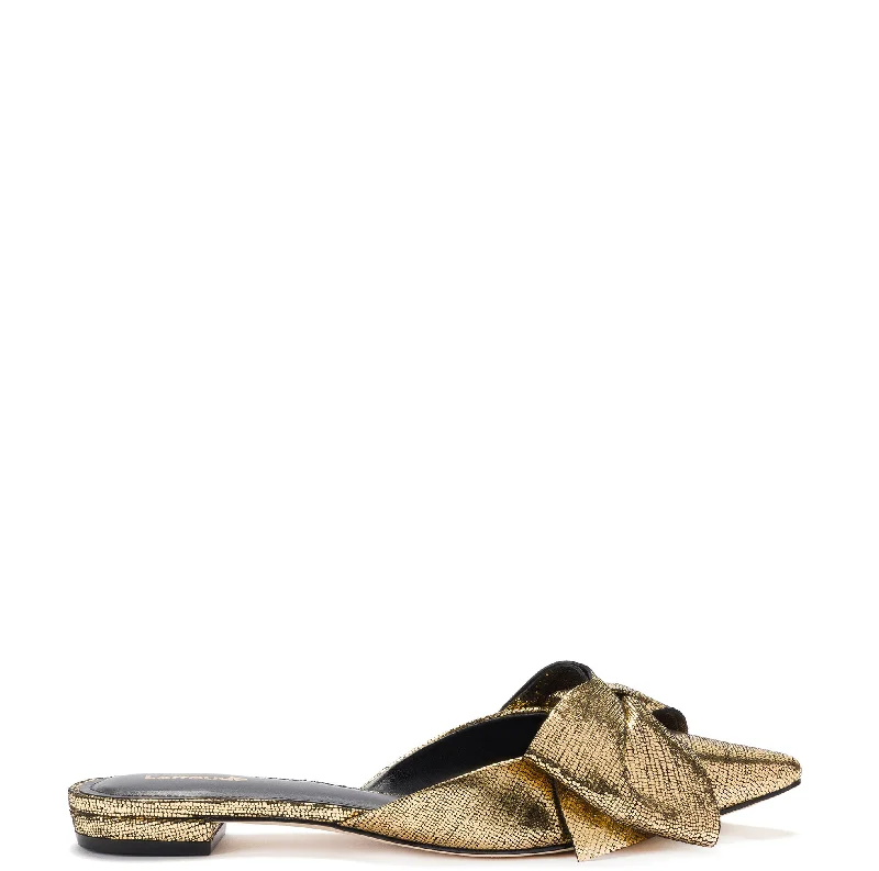 Elle Flat Mule In Gold Cracked Metallic Leather Cowboy Boot Western Style  