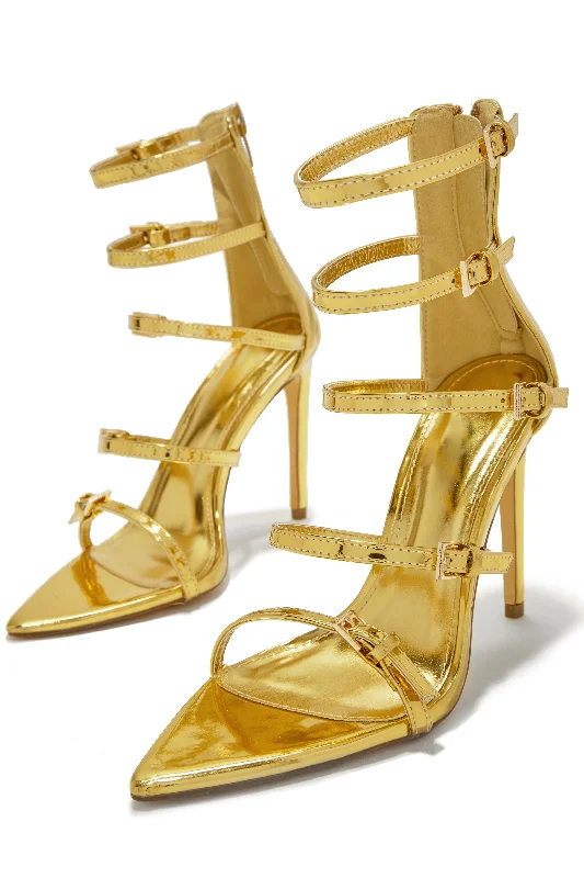 Milani Single Sole Multi Strap High Heels - Gold Leather Driving Shoe Style  