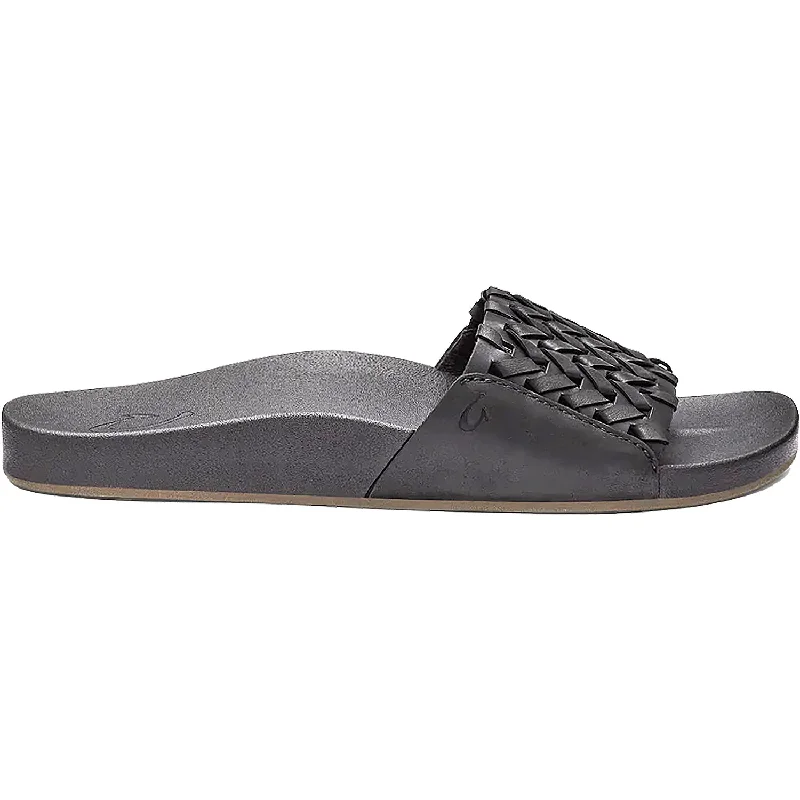 Women's OluKai Kamola Black Leather Tassel Driving Shoe Look 
