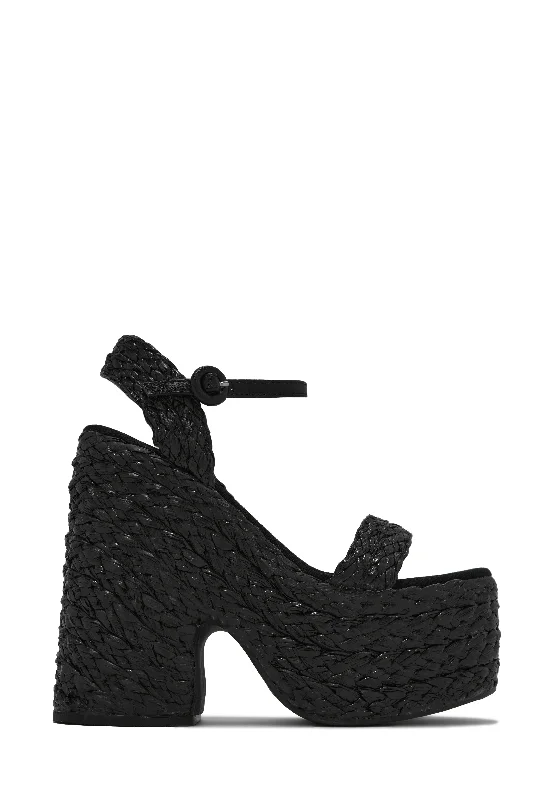 Tulum Streets Espadrille Platform Block Heels - Black Wingtip Oxford Design 