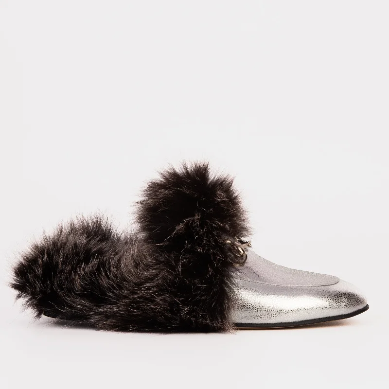 The Izmir Silver Leather Natural Fur Women Slipper Patchwork Shoe Aesthetic  
