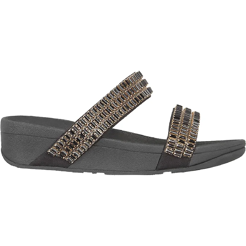 Women's Fit Flop Lottie Crystalstone Slide Black Fabric Quilted Shoe Design  