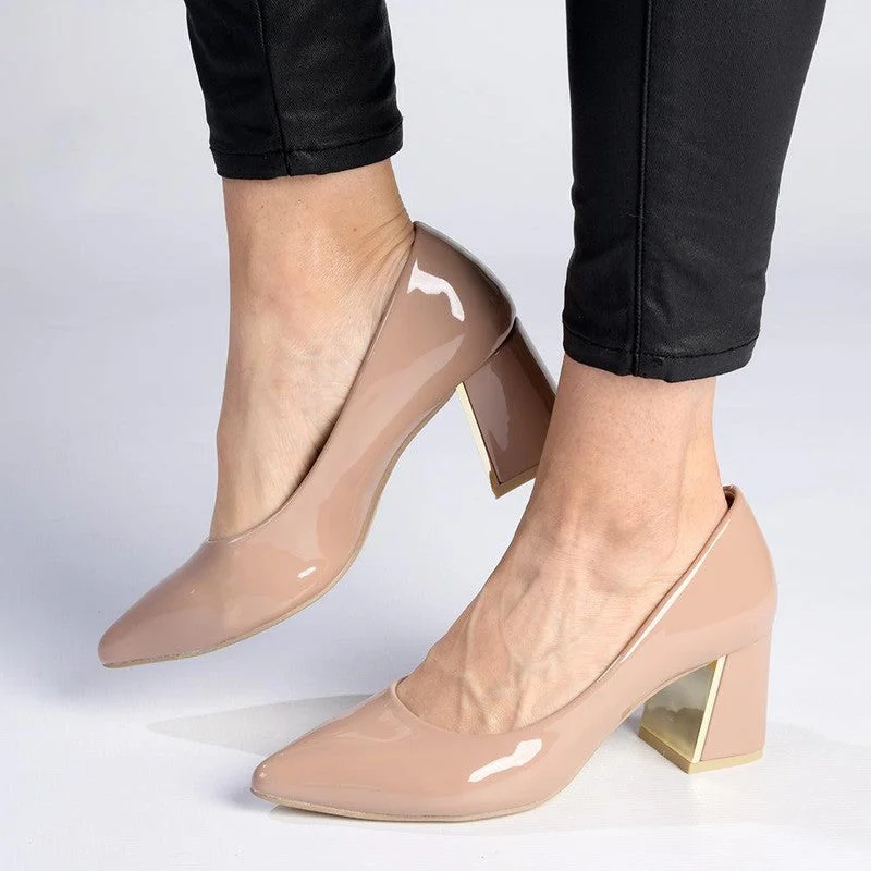 Madison Gold Low Block Heel Court - Nude / Gold Distressed Leather Shoe Style  