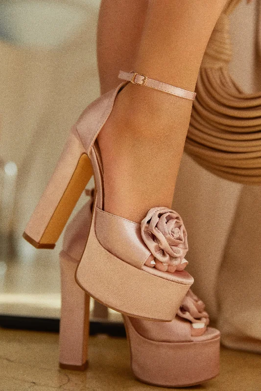 Amelia Rosette Platform Heels - Nude Open - Lacing Derby Look  