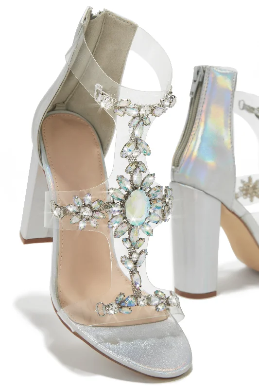 Queen Energy Embellished Clear Strap High Heels - Silver Brogue Oxford Aesthetic 
