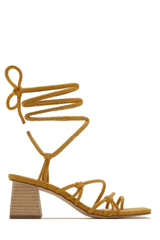 Vacation Villas Lace Up Block Mid Heels - Tan Neon - Accent Sneaker Look  
