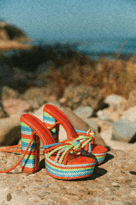 Kayden Lace Up Platform Block Heels - Orange Monochromatic Shoe Look  
