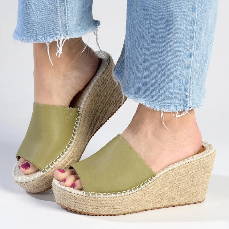 Julz Demi Leather Espadrille Mule Wedge - Olive Wingtip Oxford Design 