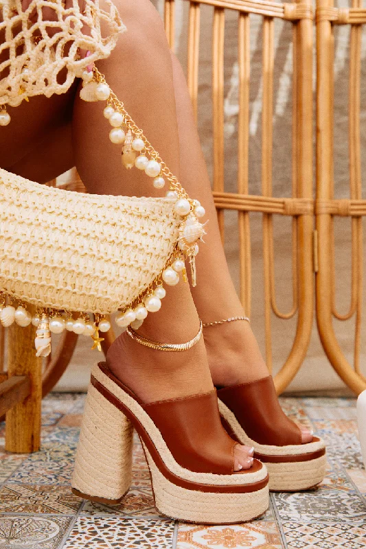 Weekend Attire Platform Block Heel Mules - Tan Retro Basketball Sneaker Design  