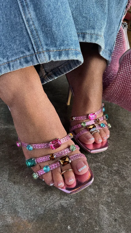 Birthday Drinks Embellished Mule Heels - Pink Strap - Up Sandal Resort Style  