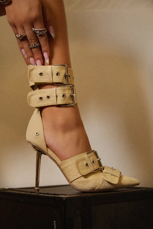 Kora Ankle Strap Pumps - Nude Embroidered Cowboy Boot Design  