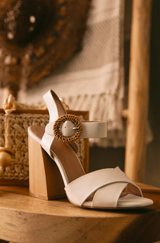 Leilani Raffia Buckle Block Heels - White Business Monk Strap Style  