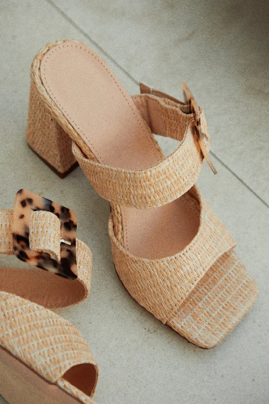 Naya Block Heel Mules - Nude Striped Shoe Style  
