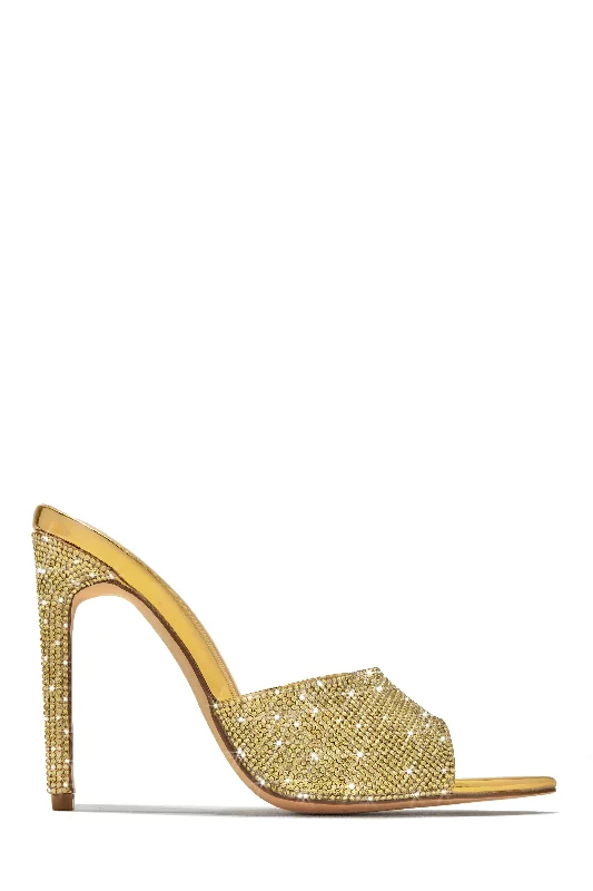 Juliene Embellished High Heel Mules - Gold Single - Buckle Monk Look  