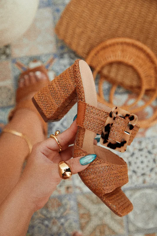 Naya Block Heel Mules - Tan Metallic Trim Shoe Design  