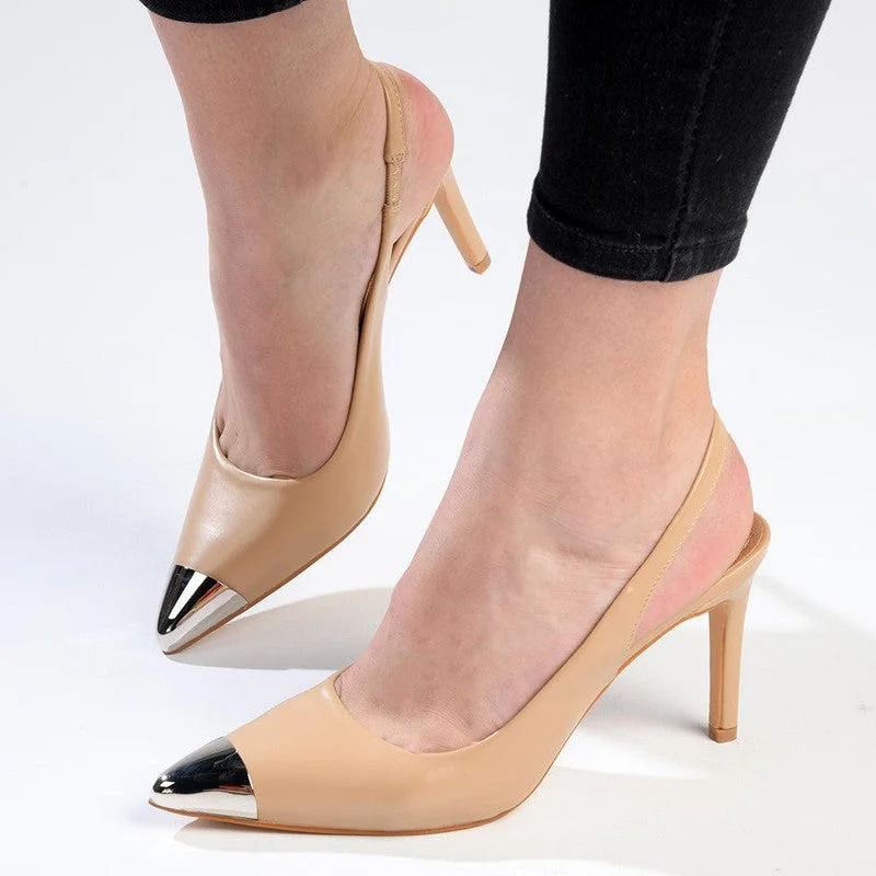 Madison Paola Closed Metal Toe Sling Back - Nude/Silver Slide Sandal Beach Style  