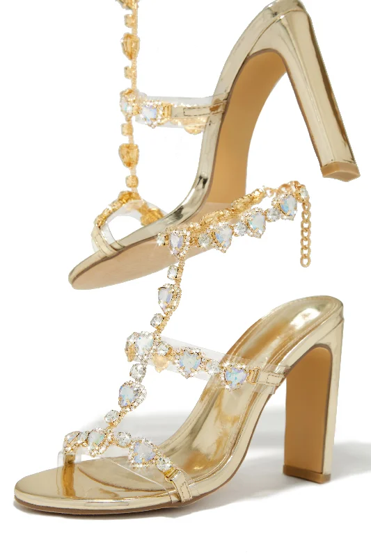 Ezylynn Heart Embellished High Heels - Gold Wingtip Oxford Design 
