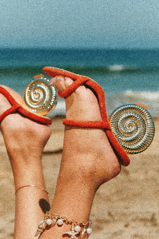 Sunset Waves Sea Shell Mule Heels - Tan Tailored Oxford Style 