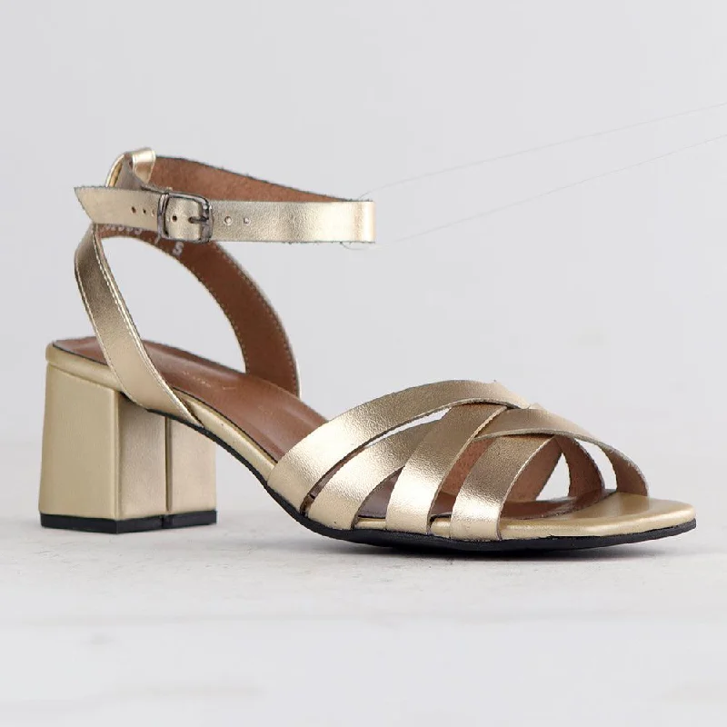 Froggie Pen Leather Crossover Strappy Block Heel - Gold Dressy Chelsea Boot Style 