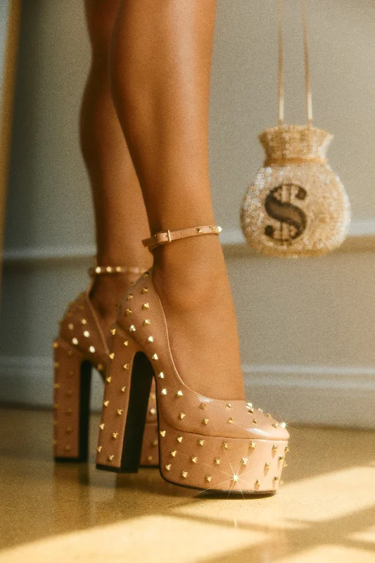 Nayomi Studded Platform Block High Heels - Nude Striped Shoe Style  