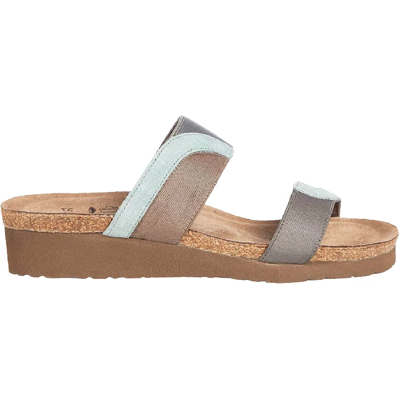 Women's Naot Frankie Teal Linen/Grey/Khaki Leather/Elastic Metallic Trim Shoe Design  