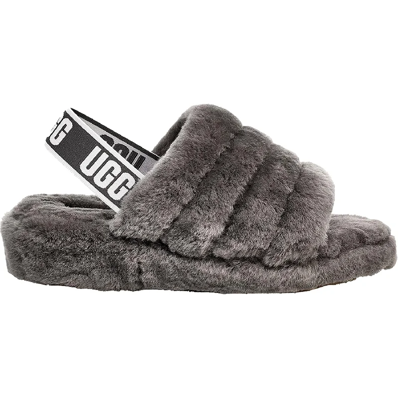 Women's UGG Fluff Yeah Slide Charcoal Sheepskin Ivy League Loafer Look 