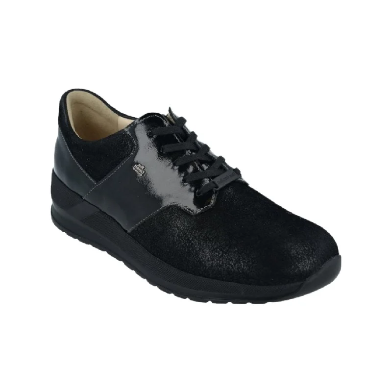 Finn Comfort Women's Caino - Black Stretch/Patent Leather Retro Basketball Sneaker Design Finn Comfort Women's Caino - Black Stretch/Patent Leather Retro Basketball Sneaker Design
