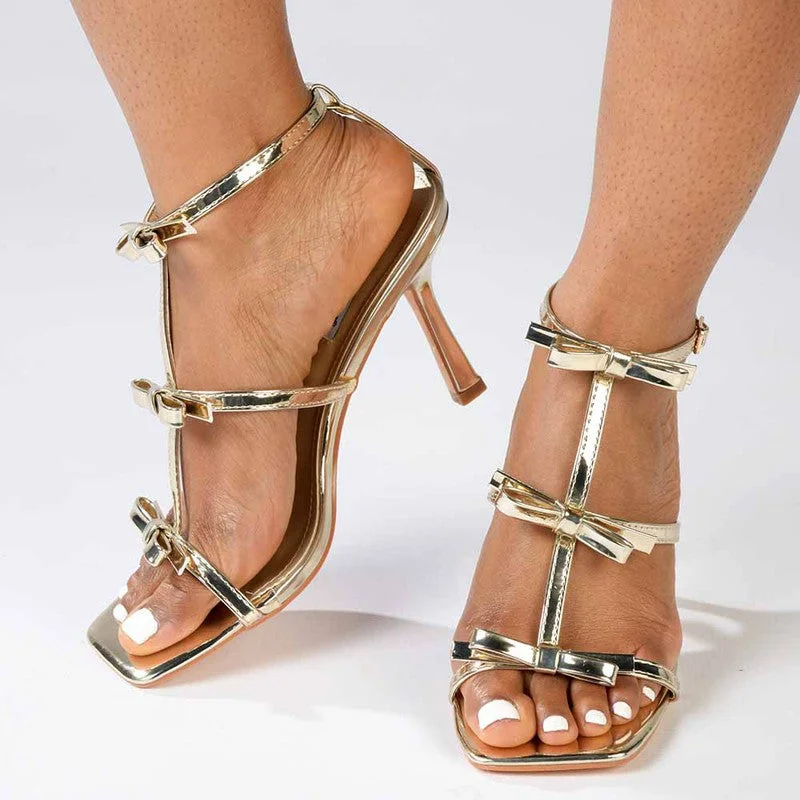 Madison Indigo Triple Bow Stiletto - Gold Ankle - High Military Boot Style  