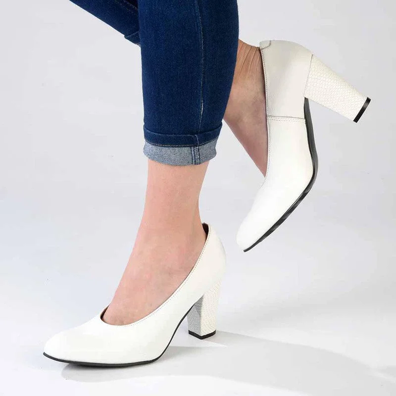 Froggie Shelly Leather Block Court Heel - White Artisan - Crafted Loafer Style  