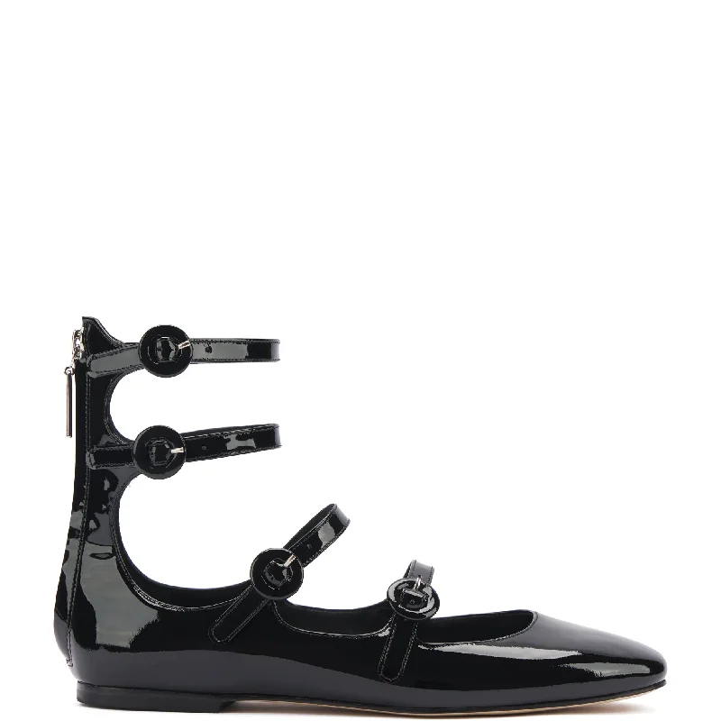 Alexa Flat In Black Patent Distressed Leather Shoe Style  