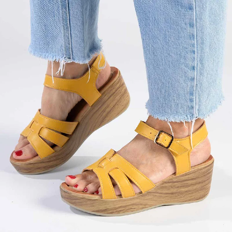 Alessio Ladies Platform Fashion Sandal - Mustard Leather Driving Shoe Style  