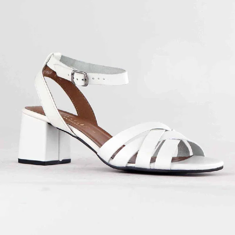 Froggie Pen Leather Crossover Strappy Block Heel - White Upcycled Shoe Look  