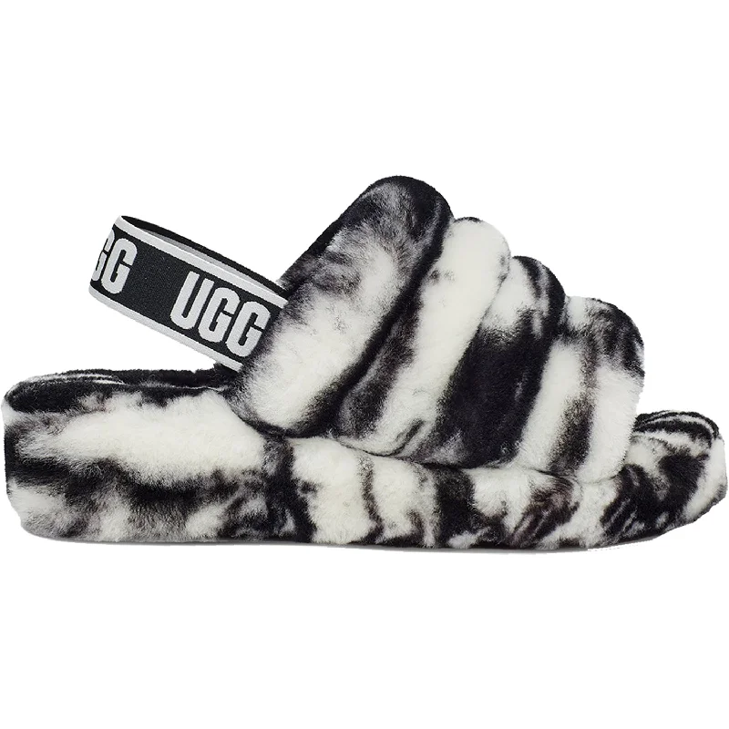 Women's UGG Fluff Yeah Slide Marble Black Sheepskin Tassel Driving Shoe Look 