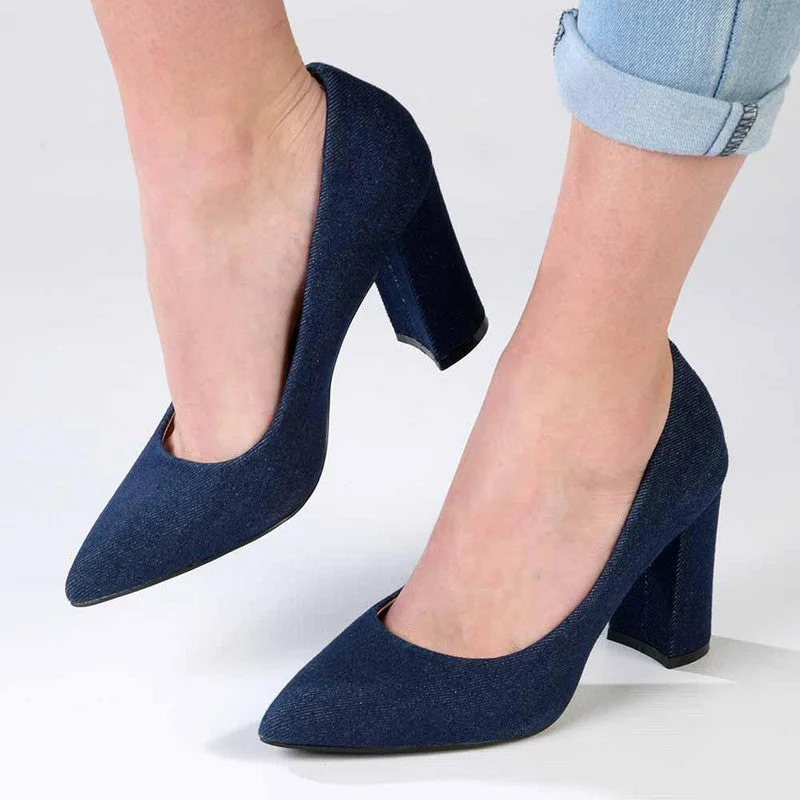 Madison Bora Low Block Heel Court - Dark Blue Denim Ivy League Loafer Look 