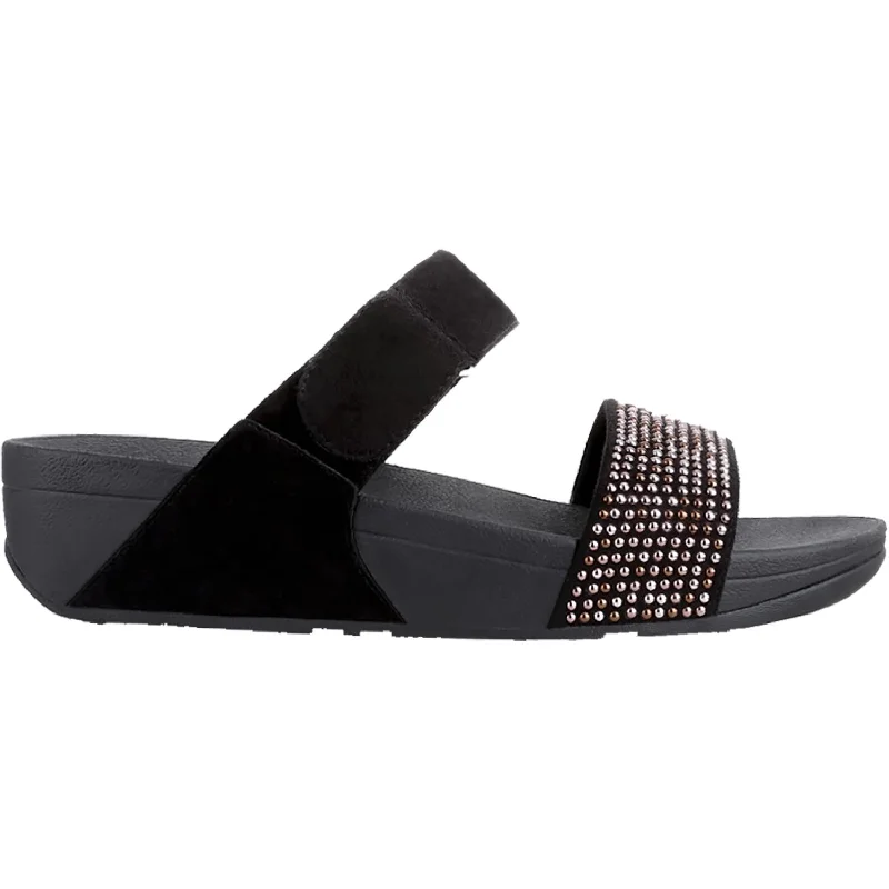 Women's Fit Flop Lulu Popstud Slide Black Suede Monochromatic Shoe Look  