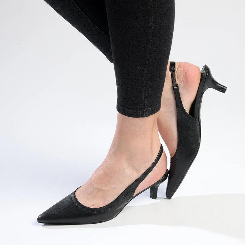 Madison Paige Kitten Slingback Heels - Black Upcycled Shoe Look  