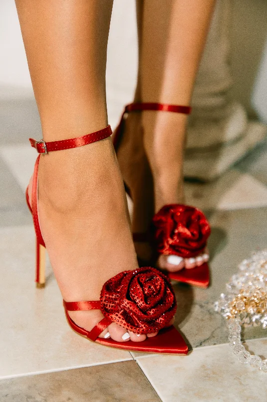 Rose Embellished Rose High Heels - Red Ivy League Loafer Look 